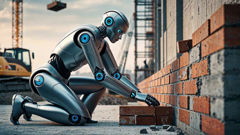A Futuristic Robot Masonry Worker Completing Tasks on a Busy Construction Site royalty free illustration