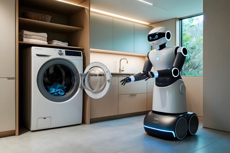 Futuristic Robot in Modern Laundry Room stock illustration