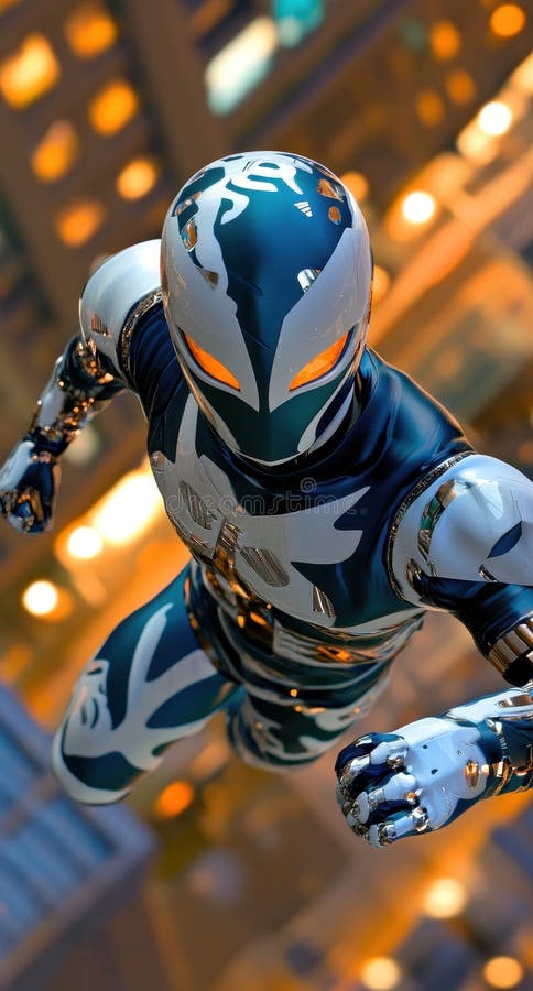 Futuristic robot in motion, dynamic superhero pose royalty free stock image