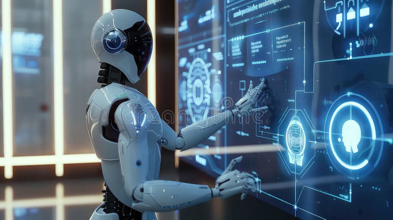 Futuristic robot in an office setting, using touch screens and holographic displays to create AI security systems for virtual technology spaces