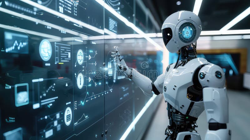 Futuristic robot in an office setting, using touch screens and holographic displays to create AI security systems for virtual vector illustration