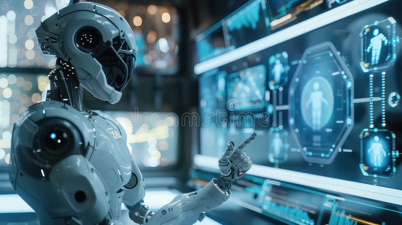 Futuristic robot in an office setting, using touch screens and holographic displays to create AI security systems for virtual vector illustration