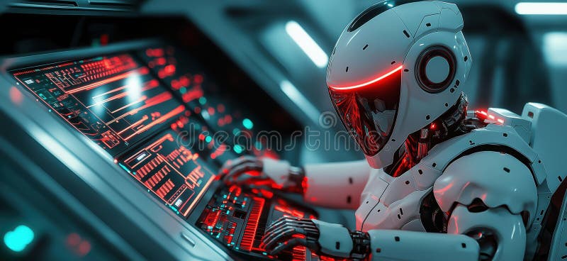 Futuristic robot operating advanced control panel with glowing interface stock photo