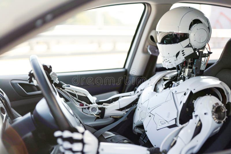 Futuristic robot operating a car, representing cutting-edge AI and the future of autonomous vehicles. royalty free stock photo