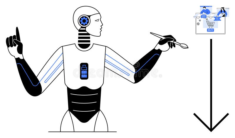 Futuristic robot pointing at digital shopping screen with stylus, emphasizing technology in retail royalty free illustration