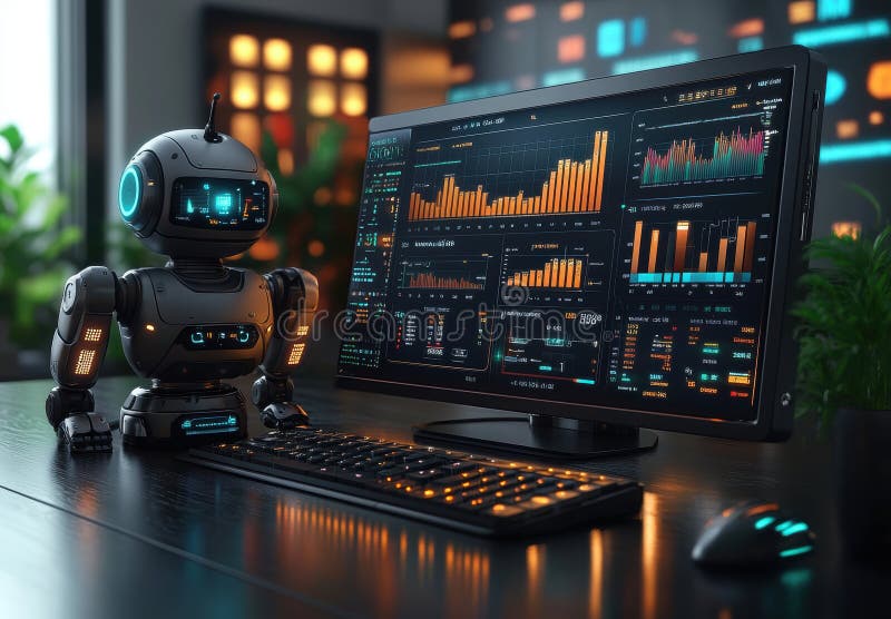 A futuristic robot presenting data on an interactive screen stock images
