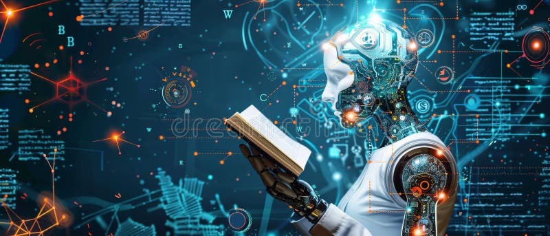 A futuristic robot reading a book, symbolizing AI, knowledge, and technology in a digital world filled with data and information stock illustration
