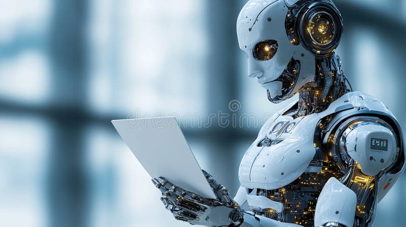 Futuristic robot reviewing digital document royalty free illustration