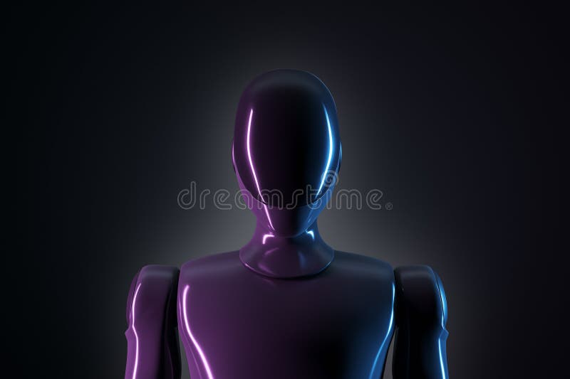 Futuristic robot with sleek design and neon glow on dark background. 3D Rendering royalty free illustration
