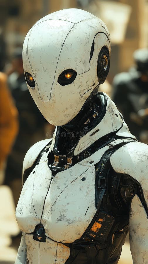 Futuristic robot with smooth design in urban setting royalty free stock images