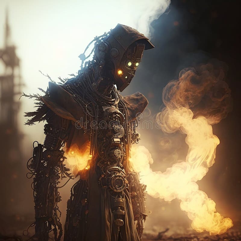 Futuristic robot with solid background surrounded by smoke and steam. royalty free illustration.