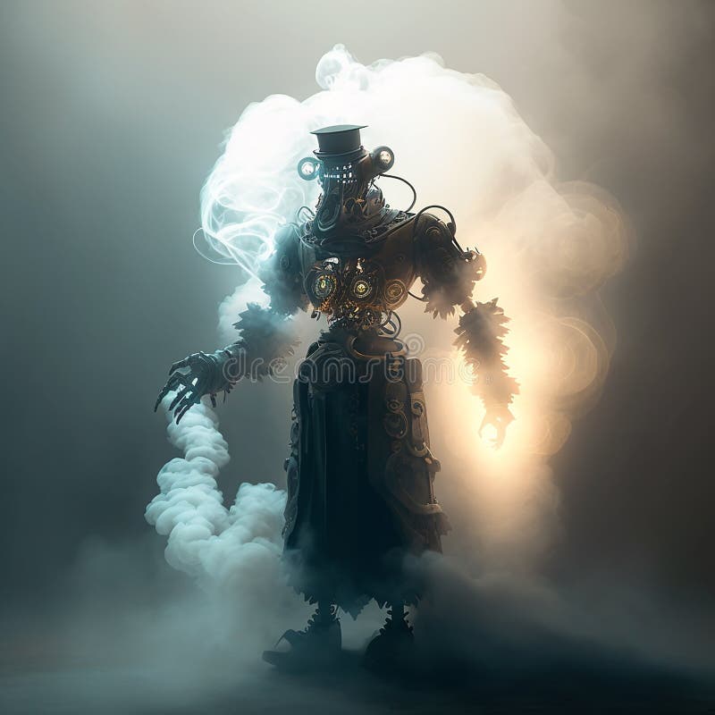 Futuristic robot with solid background surrounded by smoke and steam. stock illustration.