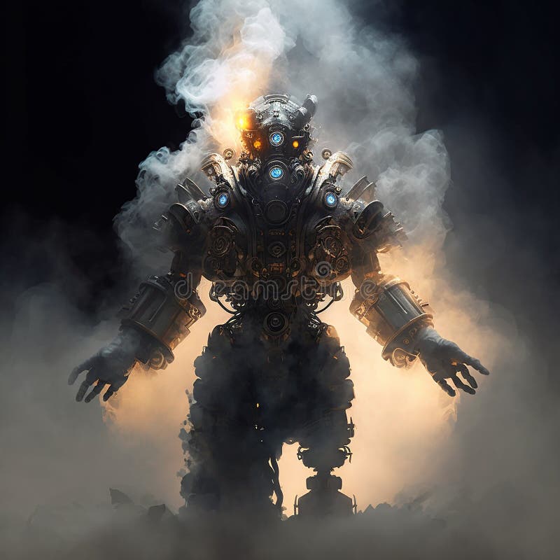 Futuristic robot with solid background surrounded by smoke and steam. vector illustration.