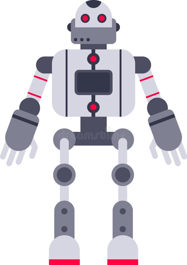 Futuristic robot standing with arms open, red glowing eyes and a screen on its chest, representing advanced technology vector illustration
