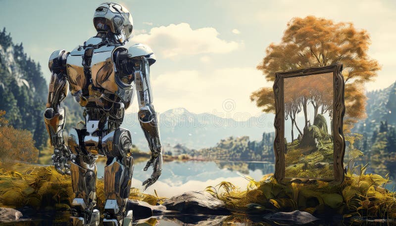 Robot exploring a natural landscape with a mirror reflecting autumn scenery royalty free stock images