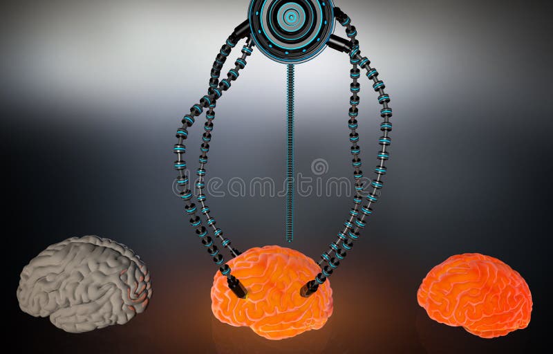 Futuristic robot with tentacles and human brain. Medical concept anatomical future. HUD background stock illustration