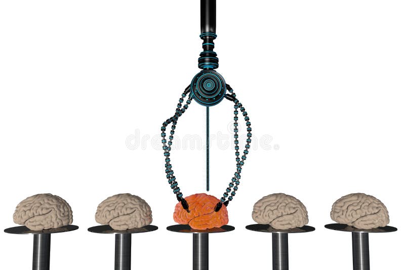 Futuristic robot with tentacles and human brain. Medical concept anatomical future. HUD background vector illustration