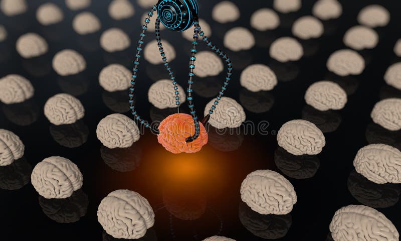 Futuristic robot with tentacles and human brain. Medical concept anatomical future. HUD background royalty free illustration