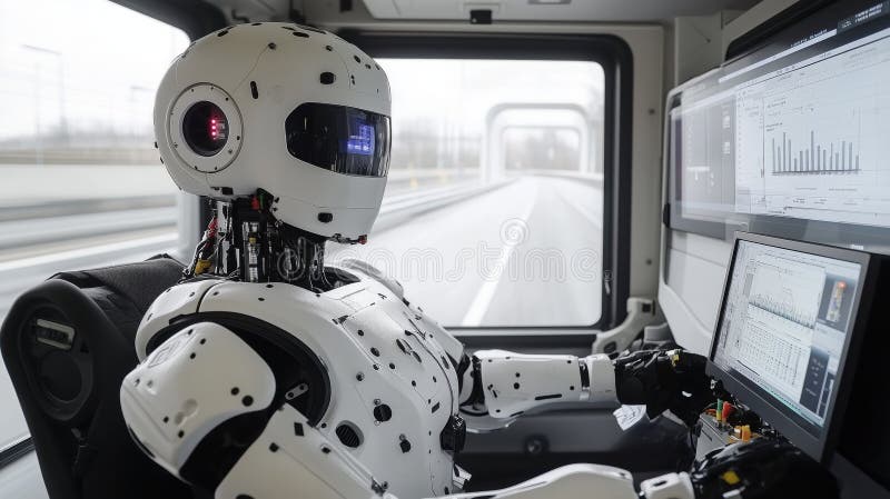 Futuristic robot traffic control center operates on highway, showcasing advanced technology and automation stock illustration