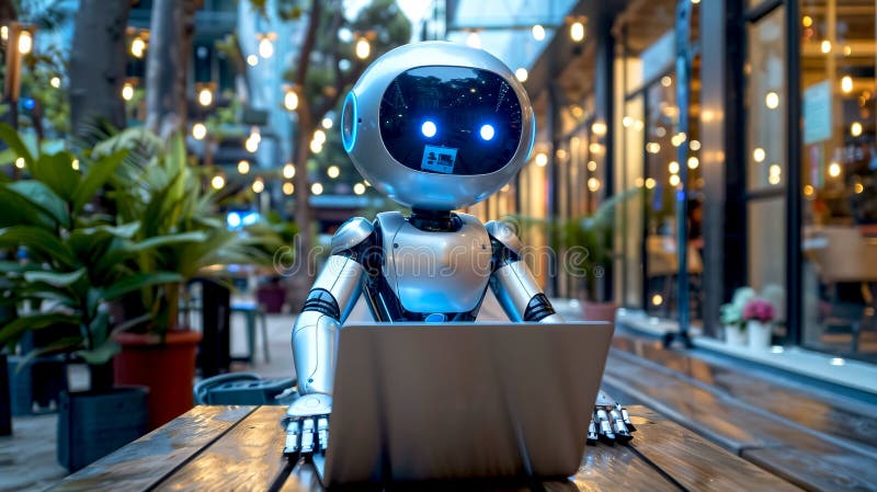 Futuristic robot using a laptop in outdoor setting. Artificial intelligence concept. Modern AI technology. Digital stock images