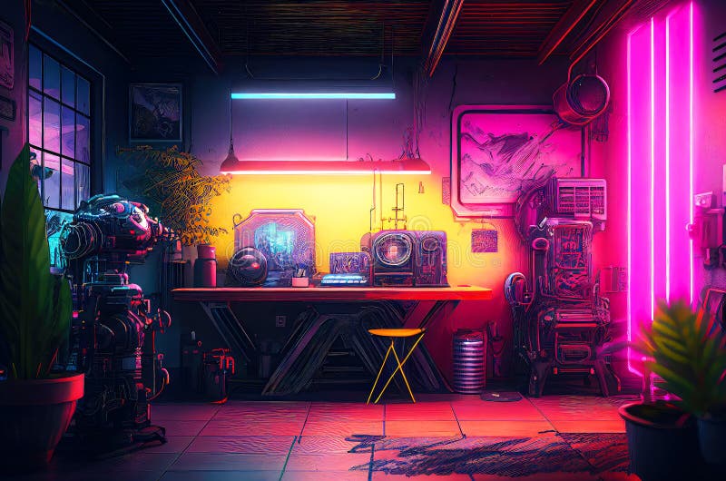 Futuristic Robot Workshop with Neon Lights in Dystopian Style ...