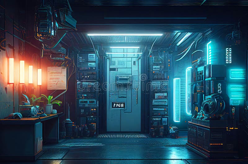 Futuristic Robot Workshop with Neon Lights in Dystopian Style