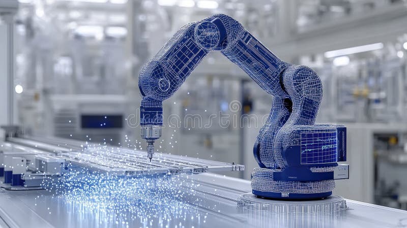 Futuristic robotic arm in advanced factory setting stock illustration