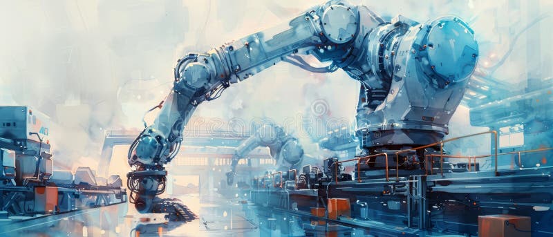 Futuristic robotic arm in an advanced factory setting exemplifying modern industrial automation and technology royalty free illustration