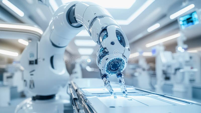 Futuristic robotic arm in advanced technology setting for innovation and automation concepts stock image