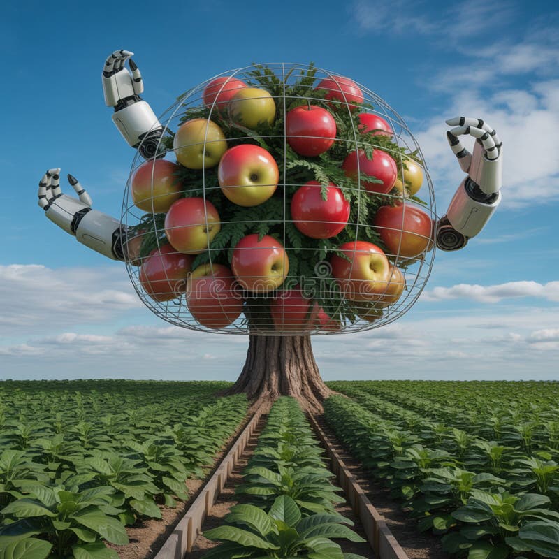 Robotic arms harvesting apples from protected tree royalty free illustration