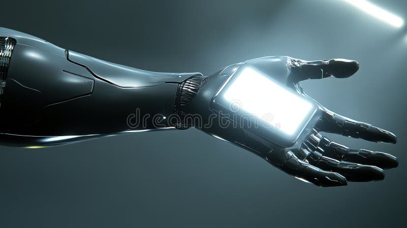Futuristic robotic arm with illuminated screen in a sleek, metallic design, AI royalty free stock photo