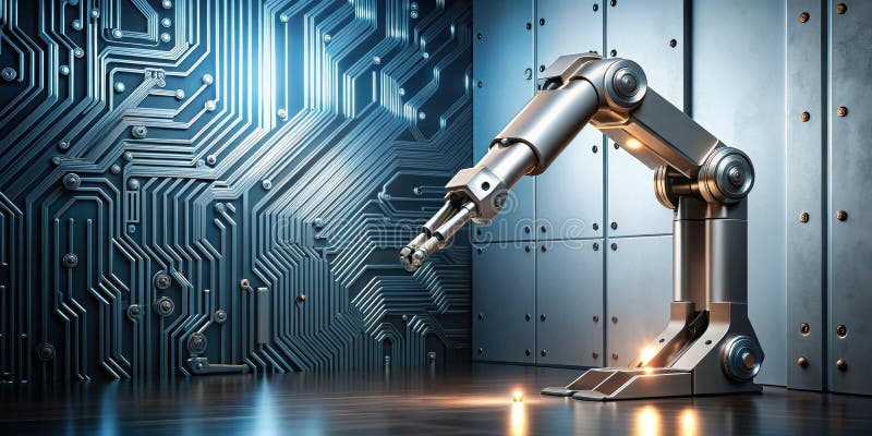 A futuristic robotic arm poised over a circuit board, symbolizing technological advancement and precision engineering in a sleek vector illustration
