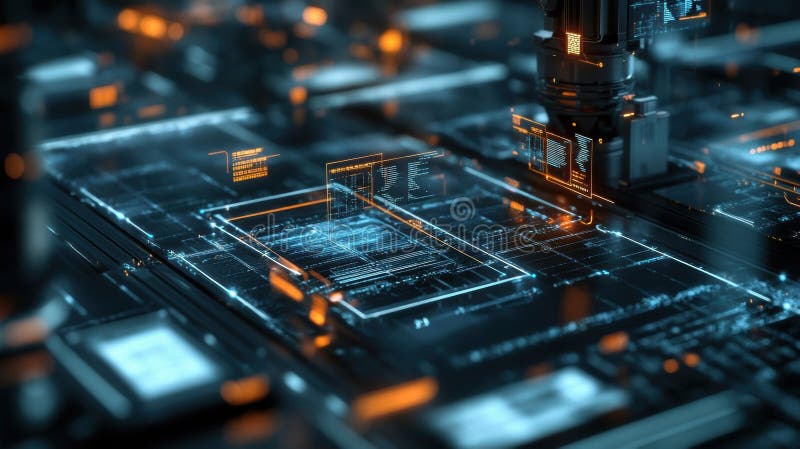 Futuristic robotic arm processing data on circuit board with digital display stock illustration