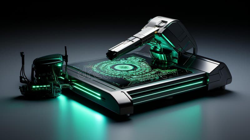 Futuristic Robotic Arm Securing Digital Vault - Intricate Design, Green Binary Code stock illustration