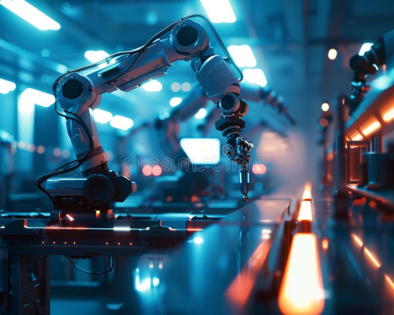 Futuristic robotic arms in advanced factory with cinematic blue light and bokeh effects stock illustration