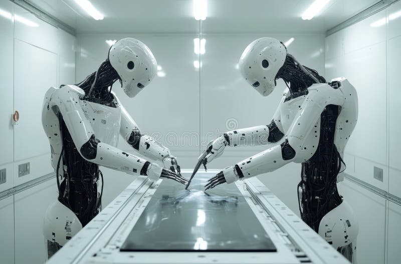 Futuristic robotic arms collaborating in industrial setting for precision craftsmanship stock photos
