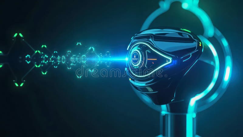 Futuristic robotic device emitting energy beams in a high-tech environment at dusk royalty free stock image