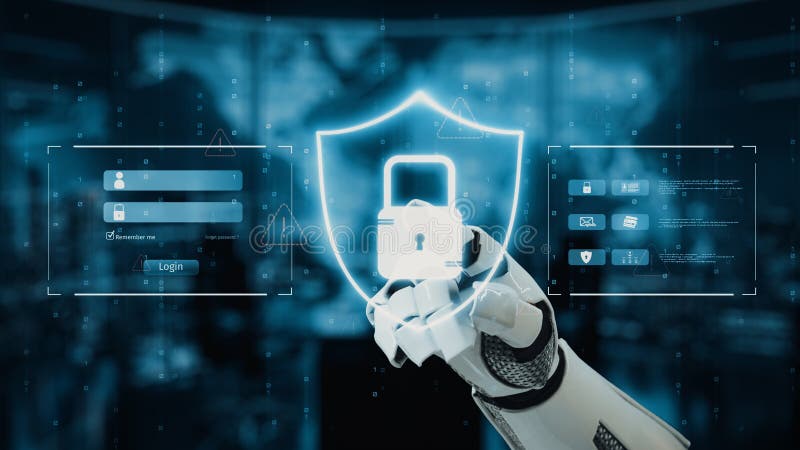 A robotic hand gripping a digital shield with a lock, representing advanced cybersecurity and data protection in a modern technological landscape. Auvana. Shield artificial intelligence stock images, royalty-free photos and pictures