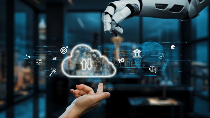 Futuristic robotic hand interacting with cloud technology and digital icons in modern office environment showcasing vector illustration