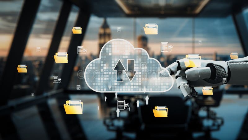 Futuristic Robotic Hand Interacting with Digital Cloud Storage and File Uploading Symbols in Modern Office Environment stock photo