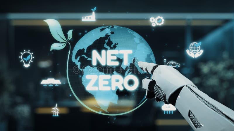 Futuristic robotic hand interacting with a digital globe symbolizing net zero emissions, sustainability, and royalty free stock image
