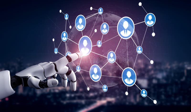 A robotic hand engages with a digital network of human profiles, emphasizing advanced technology and connectivity in a vibrant urban setting, illustrating innovation and communication. Tessel. Networking profiles stock images, royalty-free photos and pictures