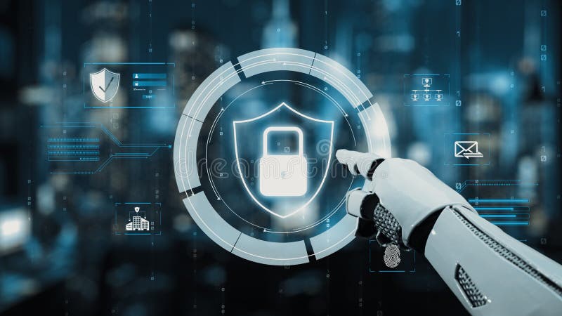 A high-tech robotic hand points towards a digital shield symbol with a lock, representing advanced concepts of cybersecurity and the future of digital protection methods. Auvana. Shield artificial intelligence stock images, royalty-free photos and pictures