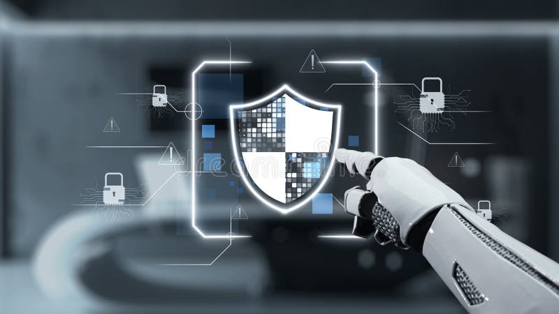 A robotic hand emphasizes a digital security shield within a futuristic cybersecurity setting, illustrating the intersection of technology and safety in modern systems. Auvana. Shield artificial intelligence stock images, royalty-free photos and pictures