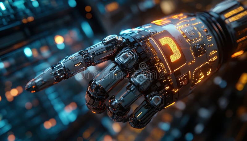 Futuristic robotic hand with intricate circuitry features glowing elements, showcasing advanced technology and design vector illustration