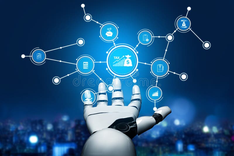 A futuristic robotic hand interacts with a virtual financial network, showcasing the integration of technology and automation in modern finance and accounting processes. Tessel. Accounting processes illustrations