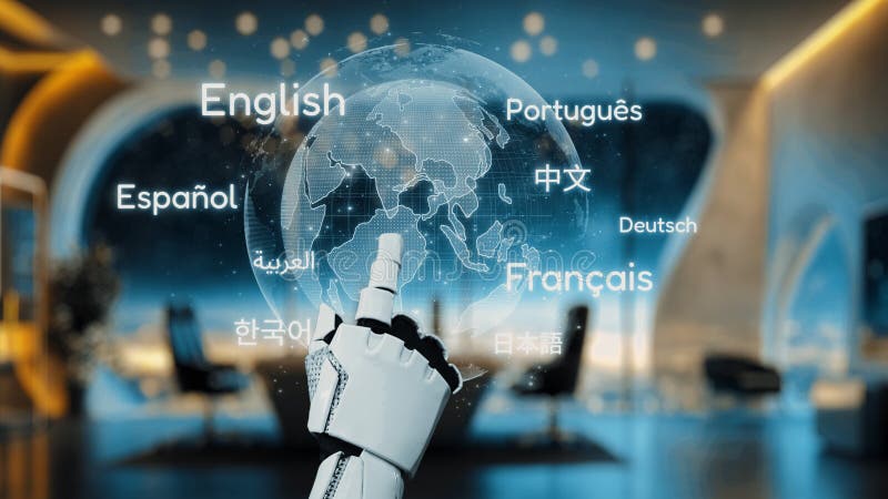 Futuristic robotic hand pointing at a digital globe displaying multiple languages in a modern office setting stock photo