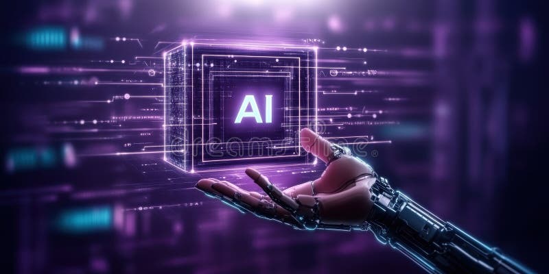 Futuristic Robotic Hand Presenting AI Cube Digital Technology Concept royalty free illustration
