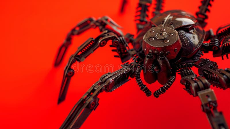 Futuristic robotic spider on a red background, sci-fi concept royalty free stock image