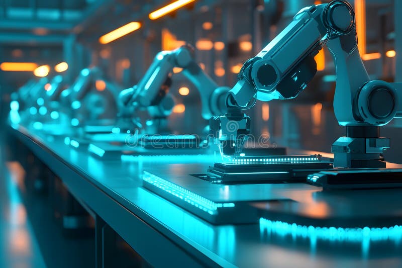 Futuristic robotics arms in an automated industrial assembly line stock image
